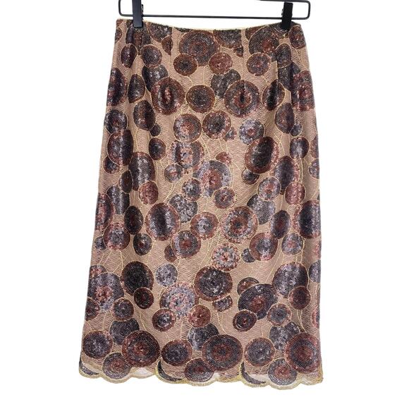 Sera B. New York Silk Sequin Pencil Skirt Womens 6 Brown Gold Sheer Luxury Bling - Picture 1 of 7
